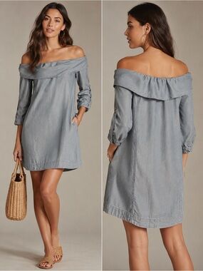 Pilcro Off Shoulder Chambray Dress Blue Gray Size 4